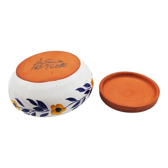 VTG Hand Painted Redware Round Trinket Box Portugal White Blue Yellow Signed - Picture 4 of 5